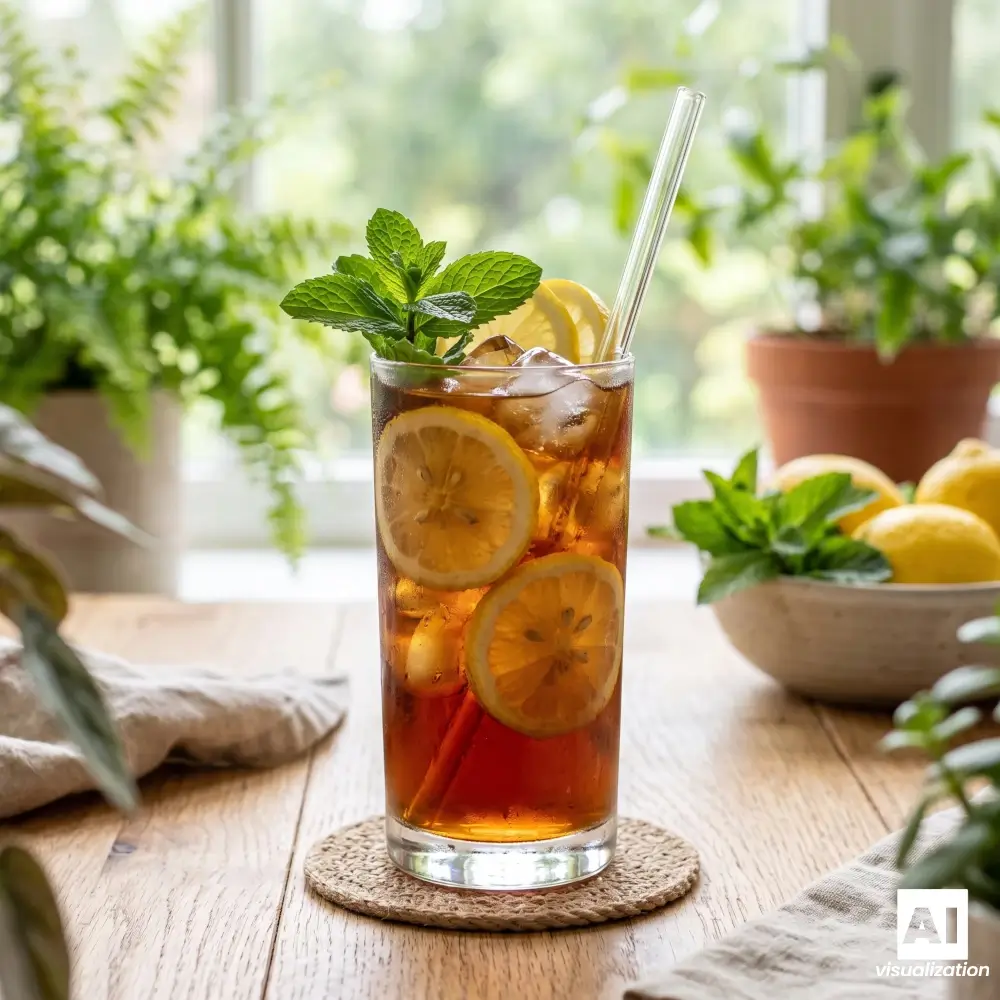 Black iced tea with lemon, mint and ice cubes in a tall glass.