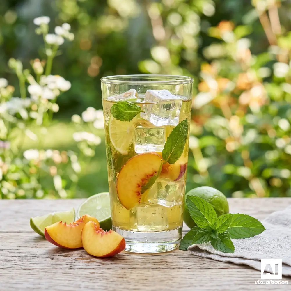 Cold green tea with peach, lime, mint and ice cubes.