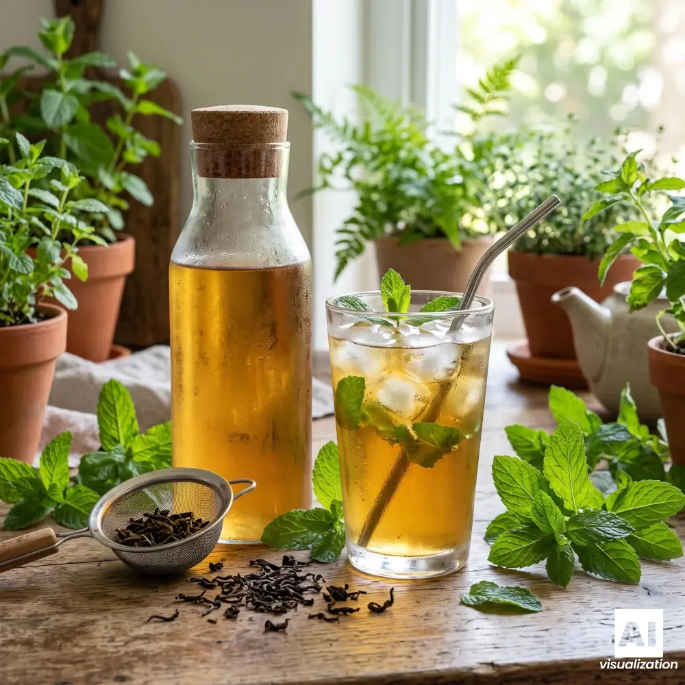Cold brew tea with mint and ice in a glass next to a bottle of tea.