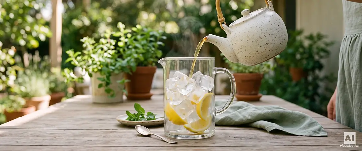 Hot tea being poured over ice with lemon slices and mint.
