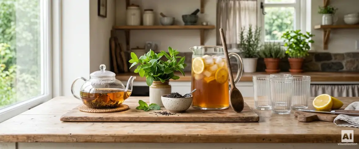 Different types of loose-leaf tea in small bowls next to a glass of iced tea.