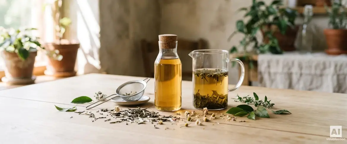 Cold brew tea in a glass jug and a bottle, with tea leaves and a strainer.