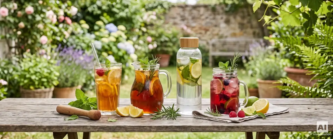 Various cold drinks in glasses, jugs, jars and a bottle with fruit and herbs.