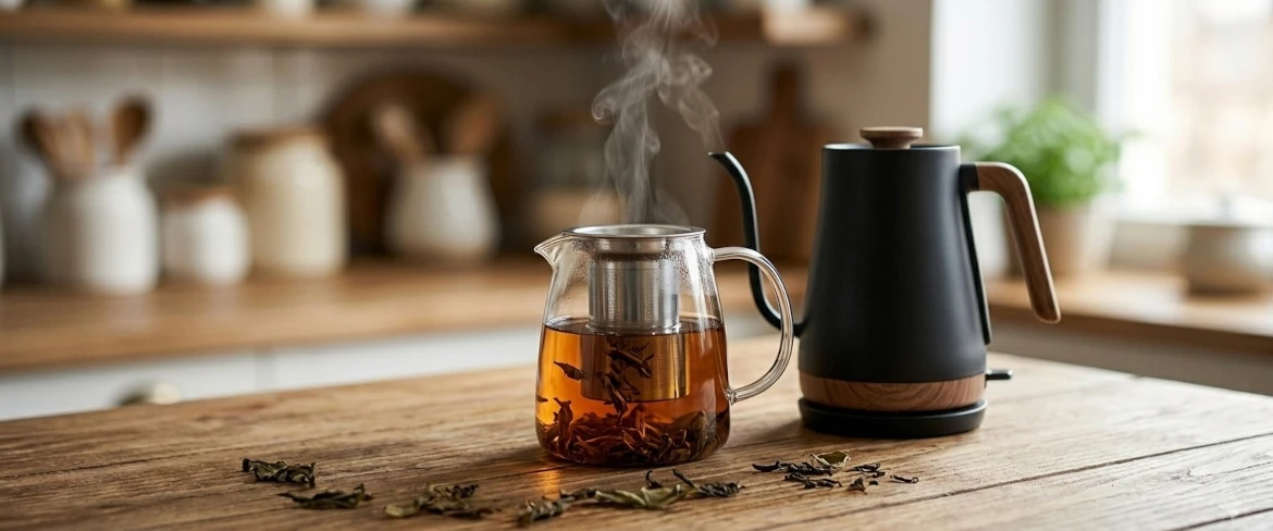 A glass teapot with an infuser full of ready brew and a modern tea kettle – an ideal tea making set