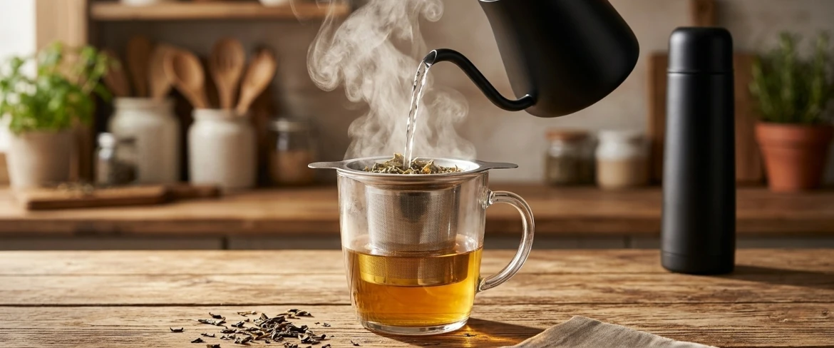 Pouring hot water into a capacious tea infuser, a black tea flask in the background