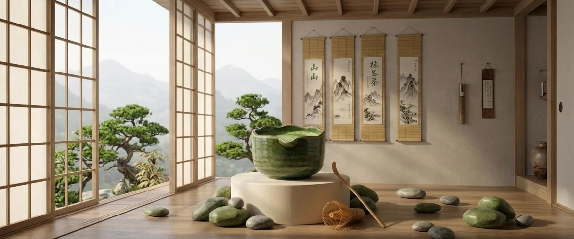 Matcha bowl and whisk in a traditional interior inspired by chanoyu