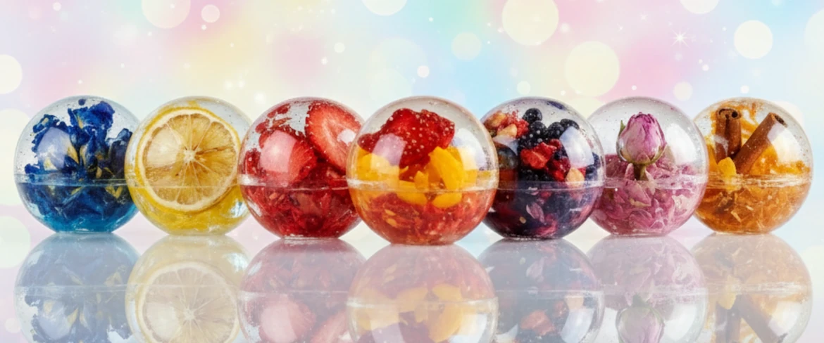 Tea balls in different flavours – isomalt tea bombs in a composition