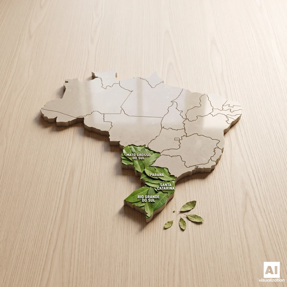Map of Brazil with the yerba mate growing regions marked and green leaves.
