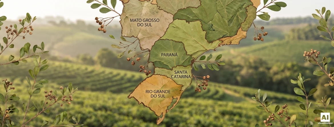 Map of Brazilian yerba mate growing regions against a background of plantations and yerba mate leaves.