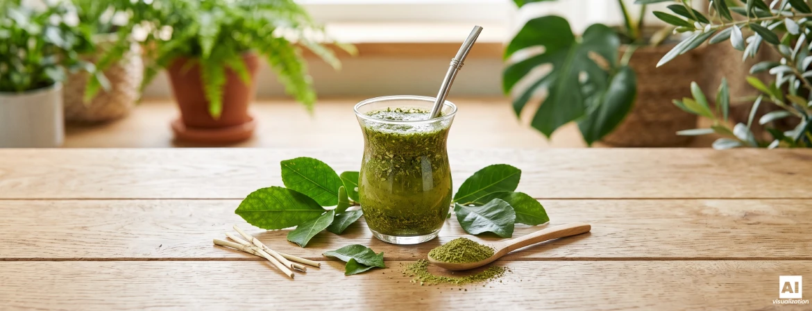 Glass vessel with Brazilian green yerba mate, yerba mate leaves and green dried leaf on a spoon.