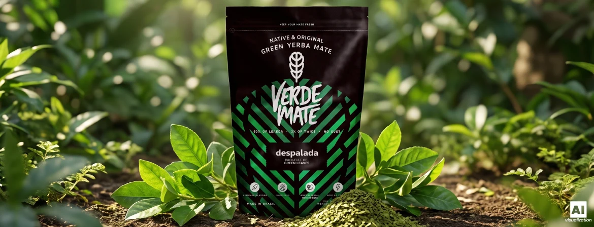 Verde Mate Green Despalada doypack among fresh leaves and dried green yerba mate.