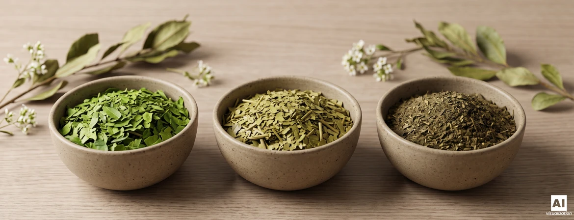 Three bowls of yerba mate dried leaf with different colour, fineness and intensity.