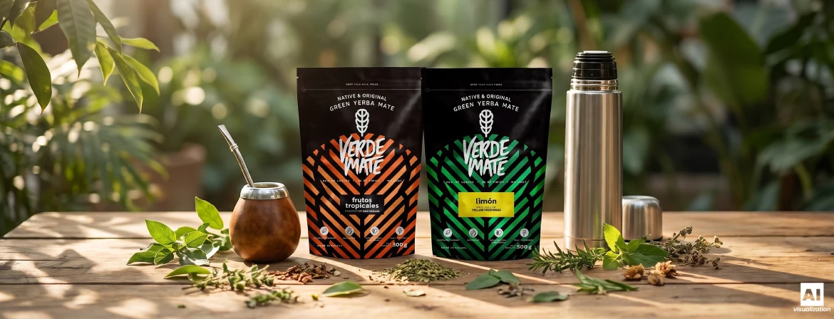 Set for brewing Brazilian yerba mate with a mate gourd, bombilla, thermos flask and Verde Mate doypacks.