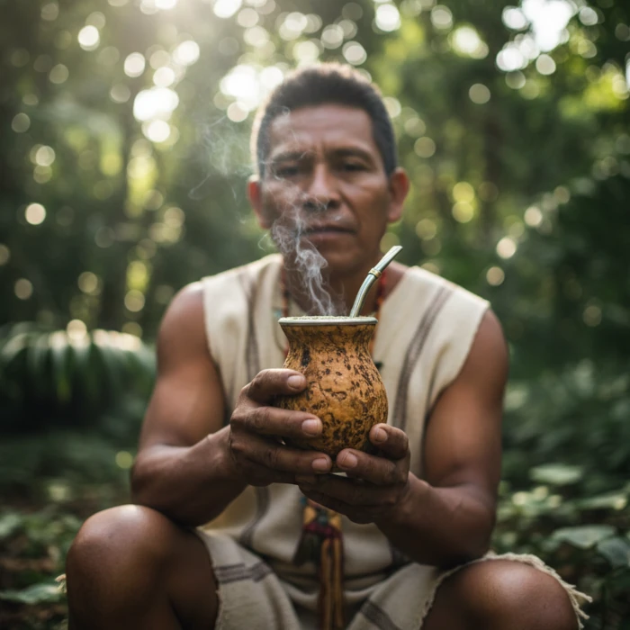 Guaraní man drinking yerba mate from a traditional gourd surrounded by tropical vegetation