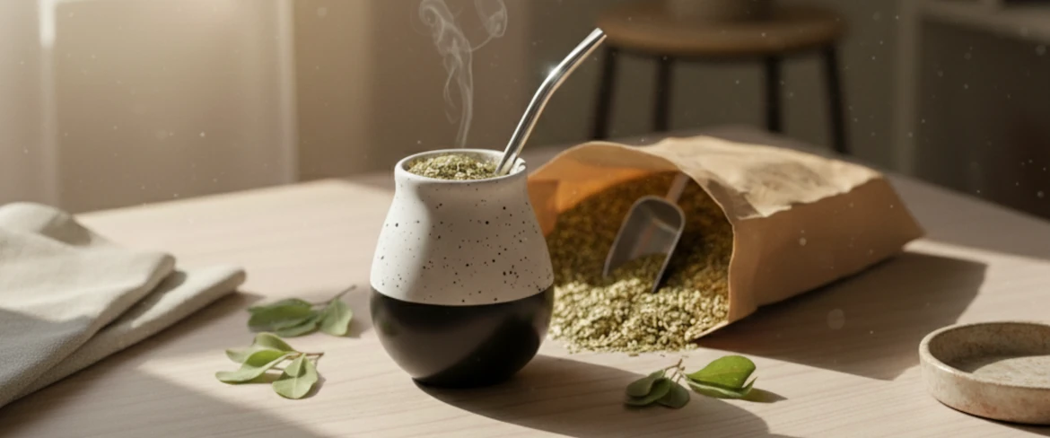 Ceramic mate gourd with yerba mate and a bombilla – ceramic yerba mate vessel in natural light