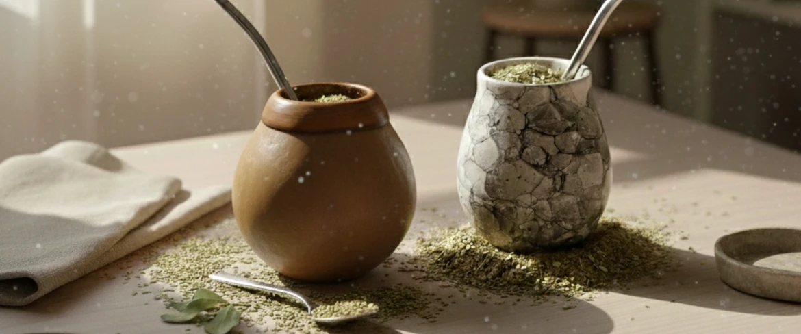 Comparison: natural gourd and ceramic mate gourd side by side