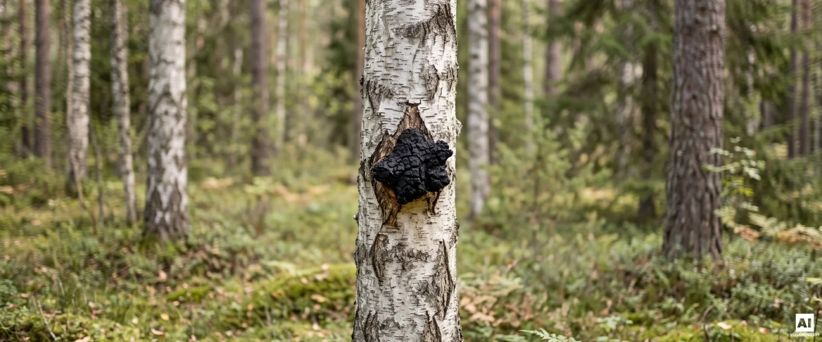 Black chaga growth on a birch trunk in a northern forest.