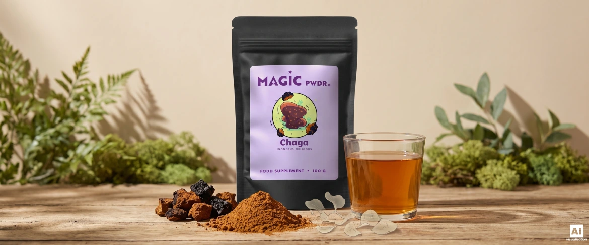 Chaga powder extract, dried mushroom pieces, and an infusion next to a Magic Pwdr doypack.