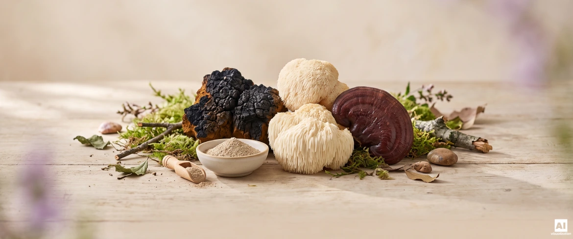 Chaga, lion's mane, and reishi as examples of functional mushrooms.