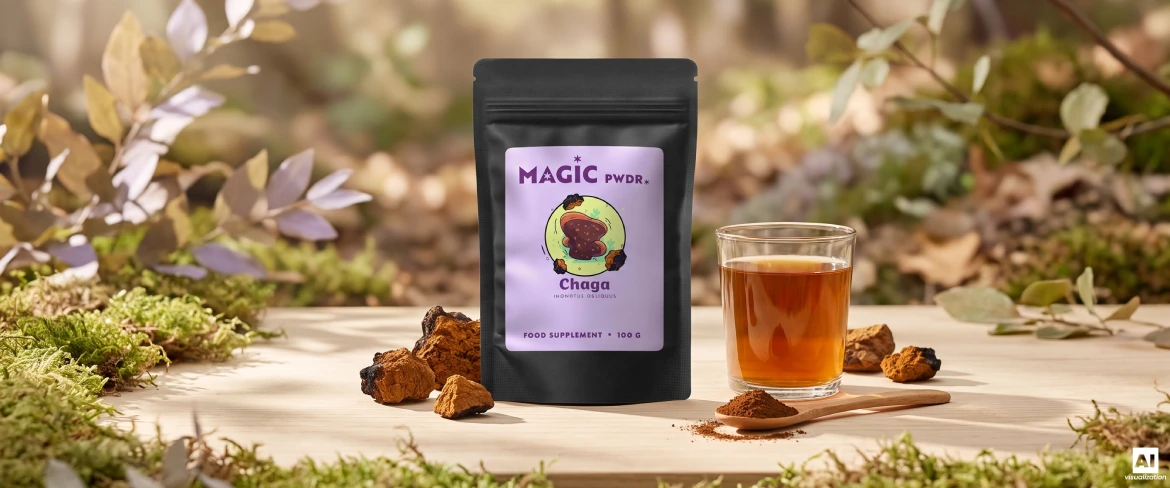 Magic Pwdr Chaga doypack, extract powder, dried mushroom pieces, and an infusion.