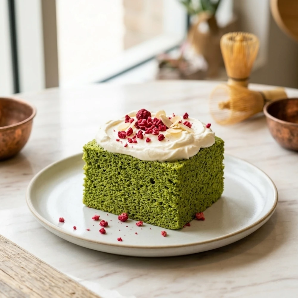 Fluffy matcha cake with mascarpone cream decorated with cream and freeze-dried raspberries