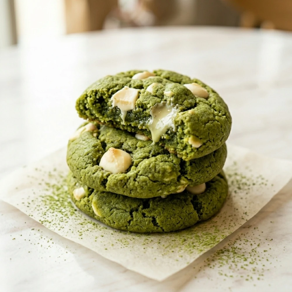 Broken, chewy inside matcha biscuits with white chocolate