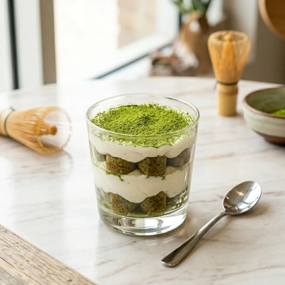 A layered matcha tiramisu dessert in a glass cup