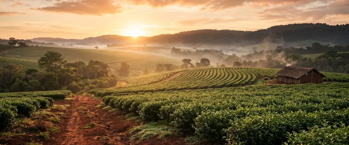 Misty holly plantation at sunrise, the source of traditional Paraguayan yerba mate.