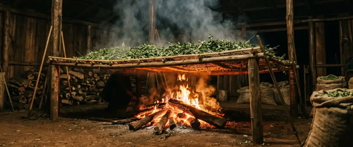 Traditional method of drying leaves over a barbacuá fire, giving Paraguayan yerba mate its smoky profile.