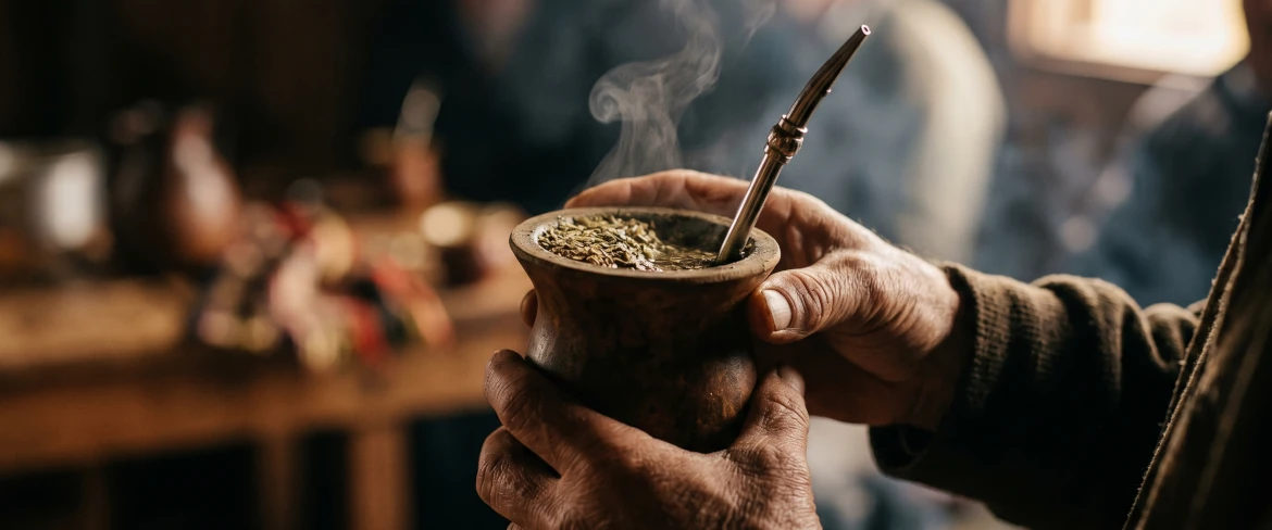 Hands holding a mate gourd with a hot infusion – the flavour, warmth and stimulation of the strongest yerba mate.
