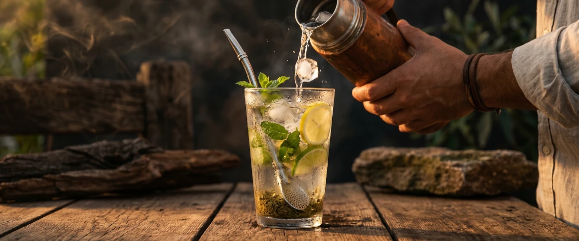 Refreshing tereré with ice and mint, prepared with classic Paraguayan yerba mate.