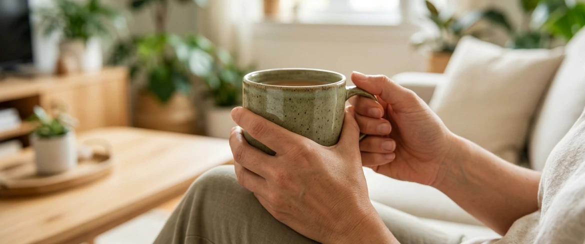 A relaxed person holding a warm cup of infusion, symbolising the calming effects of medicinal mushrooms and their unique properties