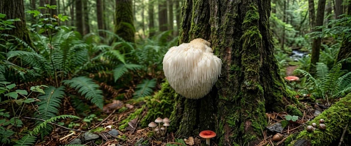 Natural fruiting body of lion’s mane mushroom growing on a tree in the forest, used to produce extract rich in lion's mane benefits