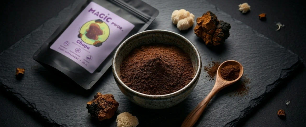 Dark mushroom powder in a ceramic bowl and chaga mushroom next to Magic Pwdr product