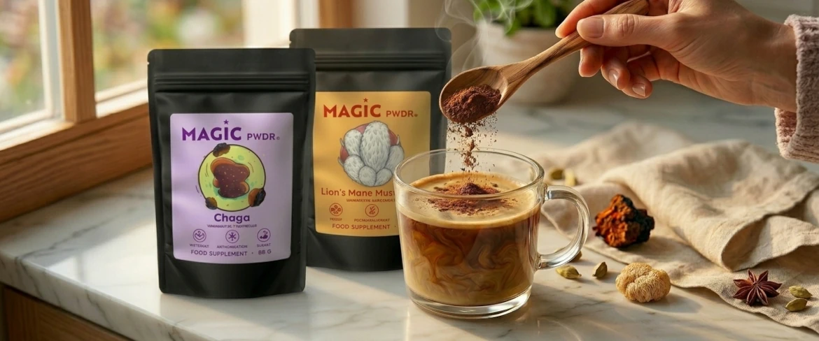 Daily use of adaptogenic mushrooms in powder – adding lion's mane mushroom powder extract to coffee 