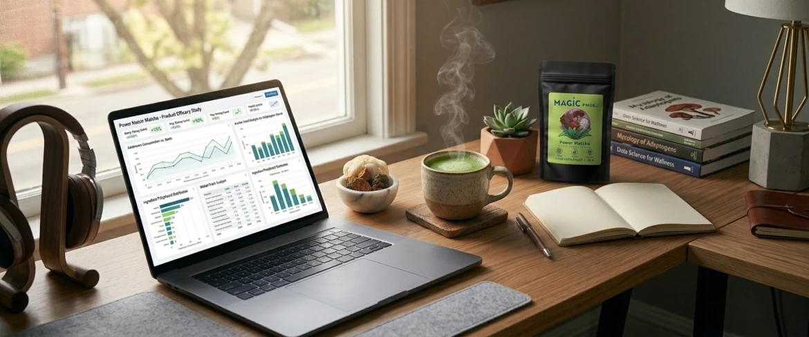 Modern workspace with laptop and a focus-supporting drink made with mushroom extract from functional mushrooms