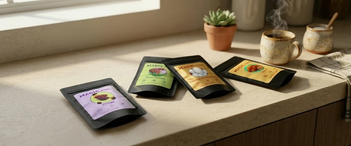 Mushroom supplements on a kitchen counter showing the full Magic Pwdr range including reishi, chaga and lion's mane