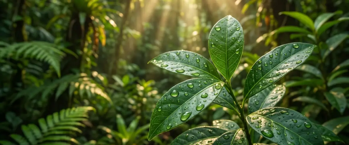 Fresh Ilex guayusa leaves in the Amazon rainforest, used to prepare guayusa tea.