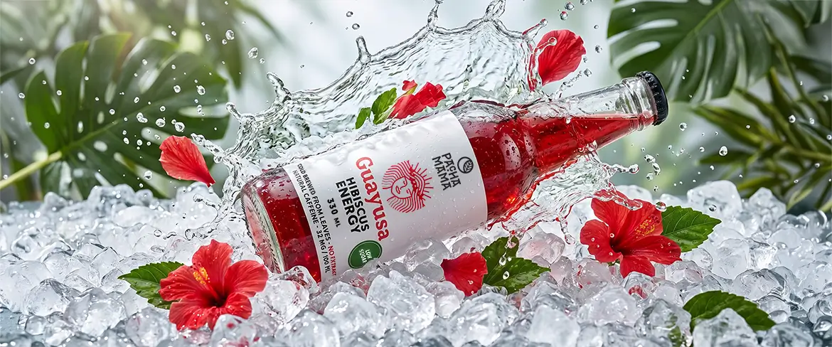 Guayusa Pachamama Cold Brew bottle on crushed ice with hibiscus flowers.
