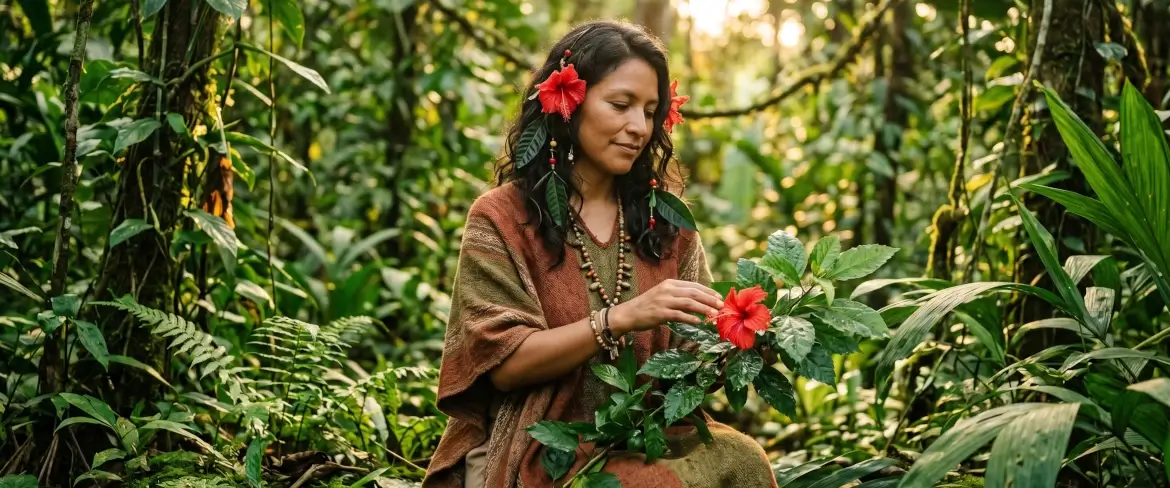 Woman embodying an Andean goddess, surrounded by Amazonian nature and hibiscus flowers – a symbol of Pachamama guayusa’s sustainable philosophy.