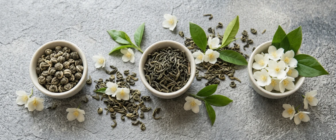 Green jasmine tea and jasmine flowers on a grey background