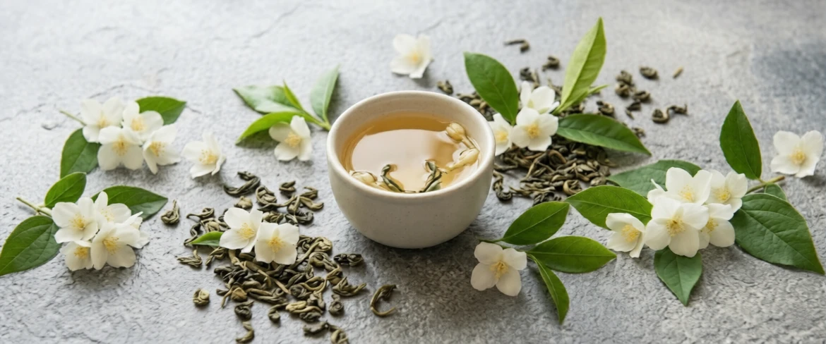 Jasmine tea served in a cup with jasmine flowers