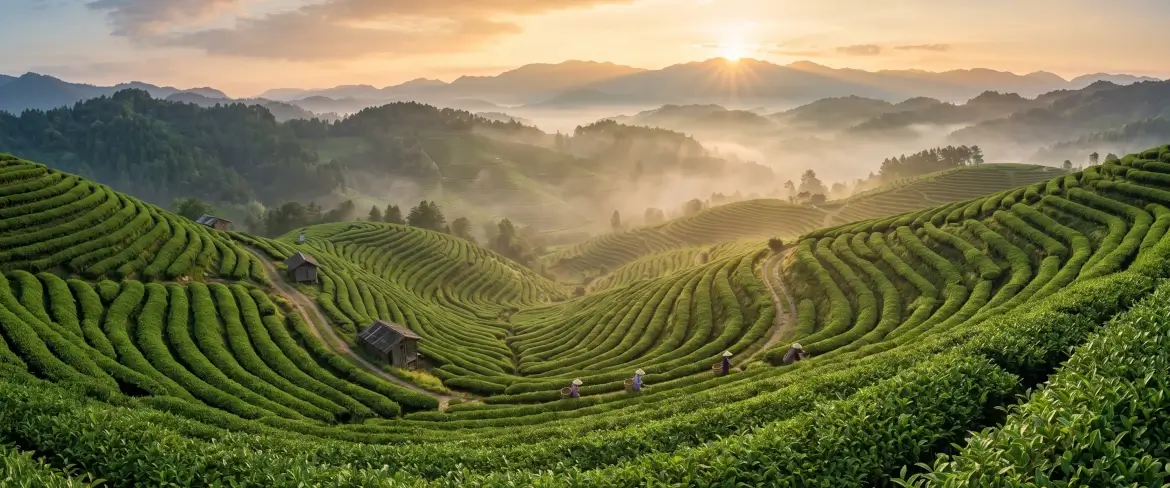 Scenic tea plantation at sunrise.