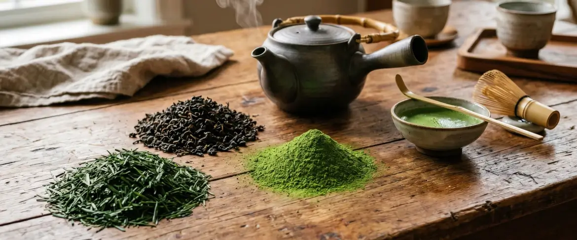 Loose tea leaves on a wooden table: Chinese green tea, powdered Japanese matcha and rolled Indian black tea.