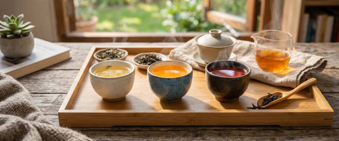 Three cups of hot infusions on a bamboo tray representing different types of tea: delicate Chinese tea, fresh Japanese tea and robust Indian tea.