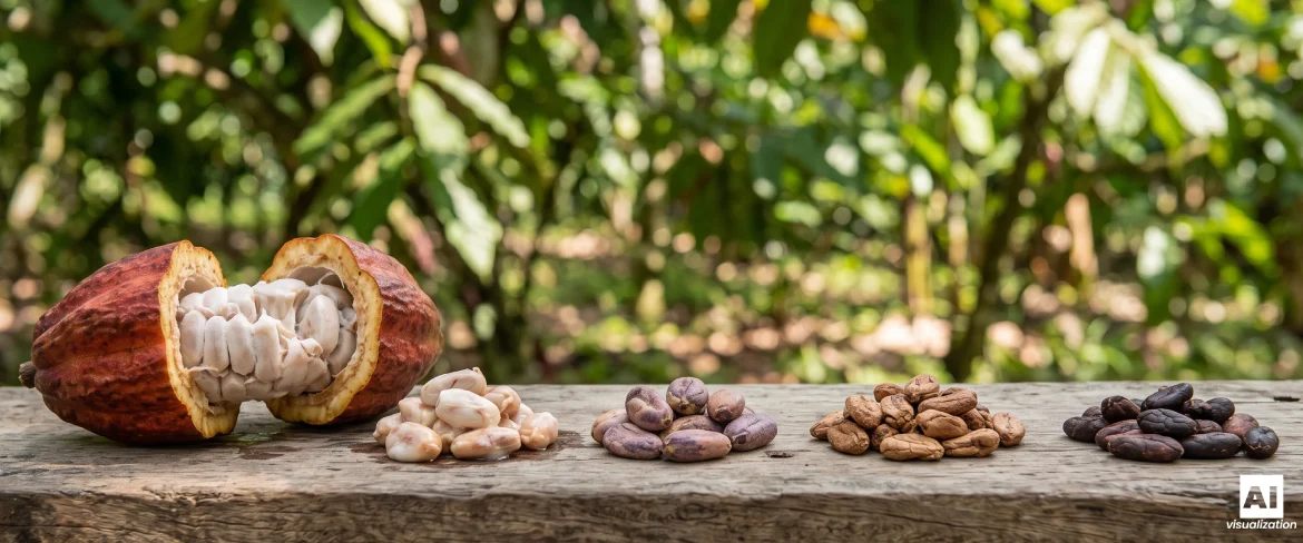 Cacao fruit and cocoa beans against a tropical plantation background.