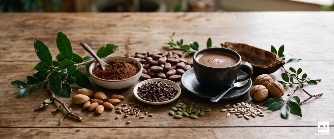 A cup of cocoa with cocoa powder, beans and plant-based ingredients.
