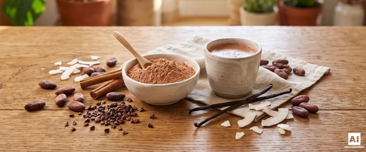 Natural cocoa powder with cocoa beans and a cup of drink.