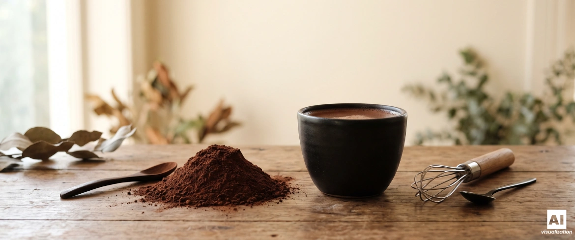 Alkalised cocoa powder and a dark cocoa drink with a whisk.