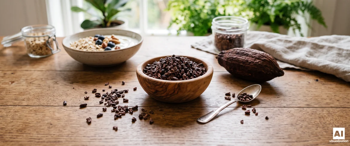 Crushed cocoa beans in a bowl with a cacao fruit and breakfast.